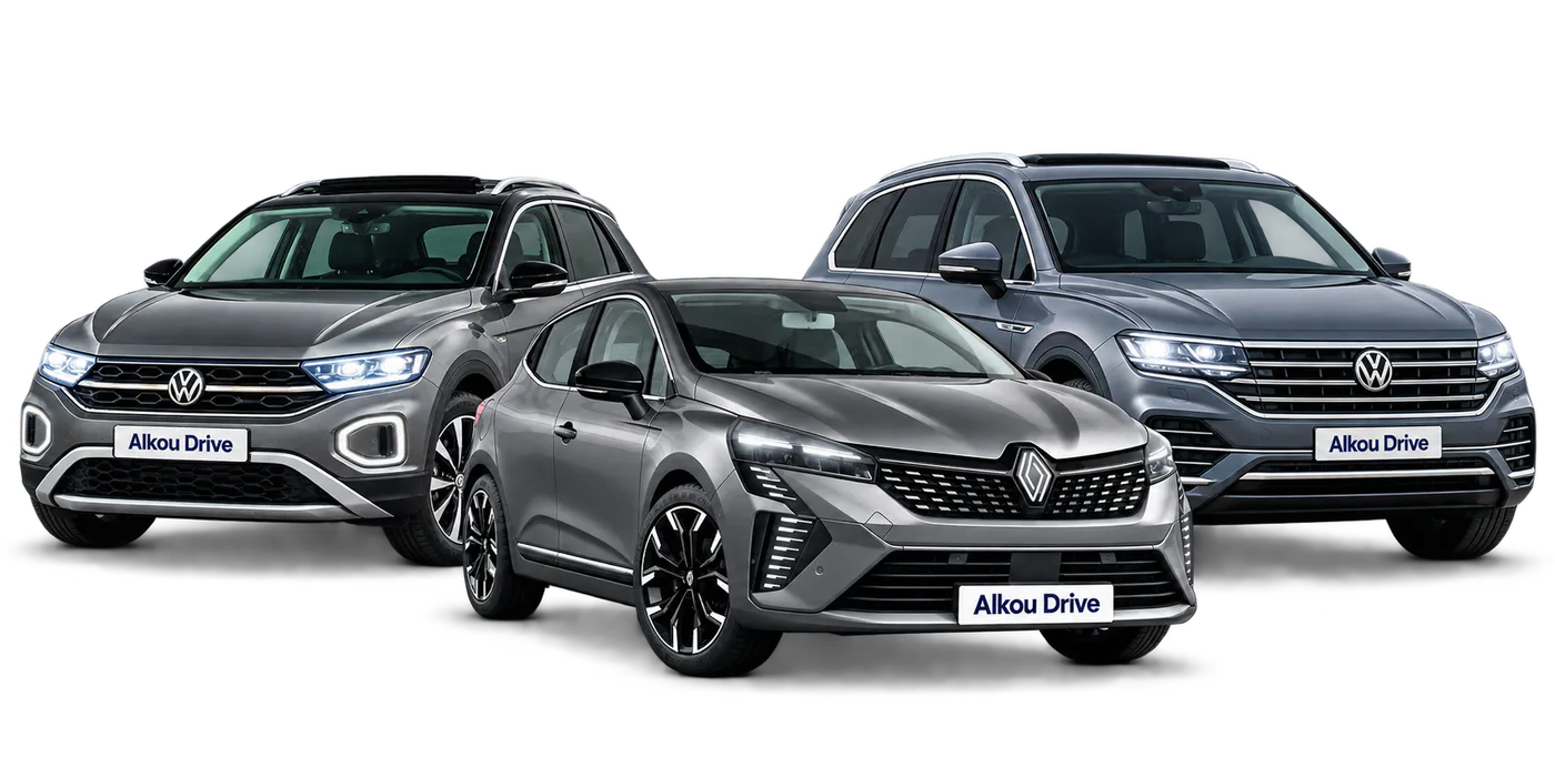 Renault Clio 5, Volkswagen T-Roc and Volkswagen Touareg from the Alkou Drive fleet